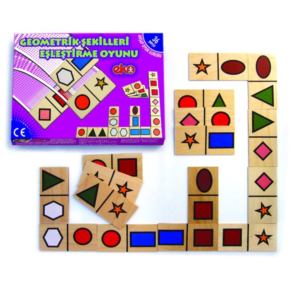 Geometrik Şekilleri Eşleştirme Oyunu Ahşap 36 Parça (Domino)