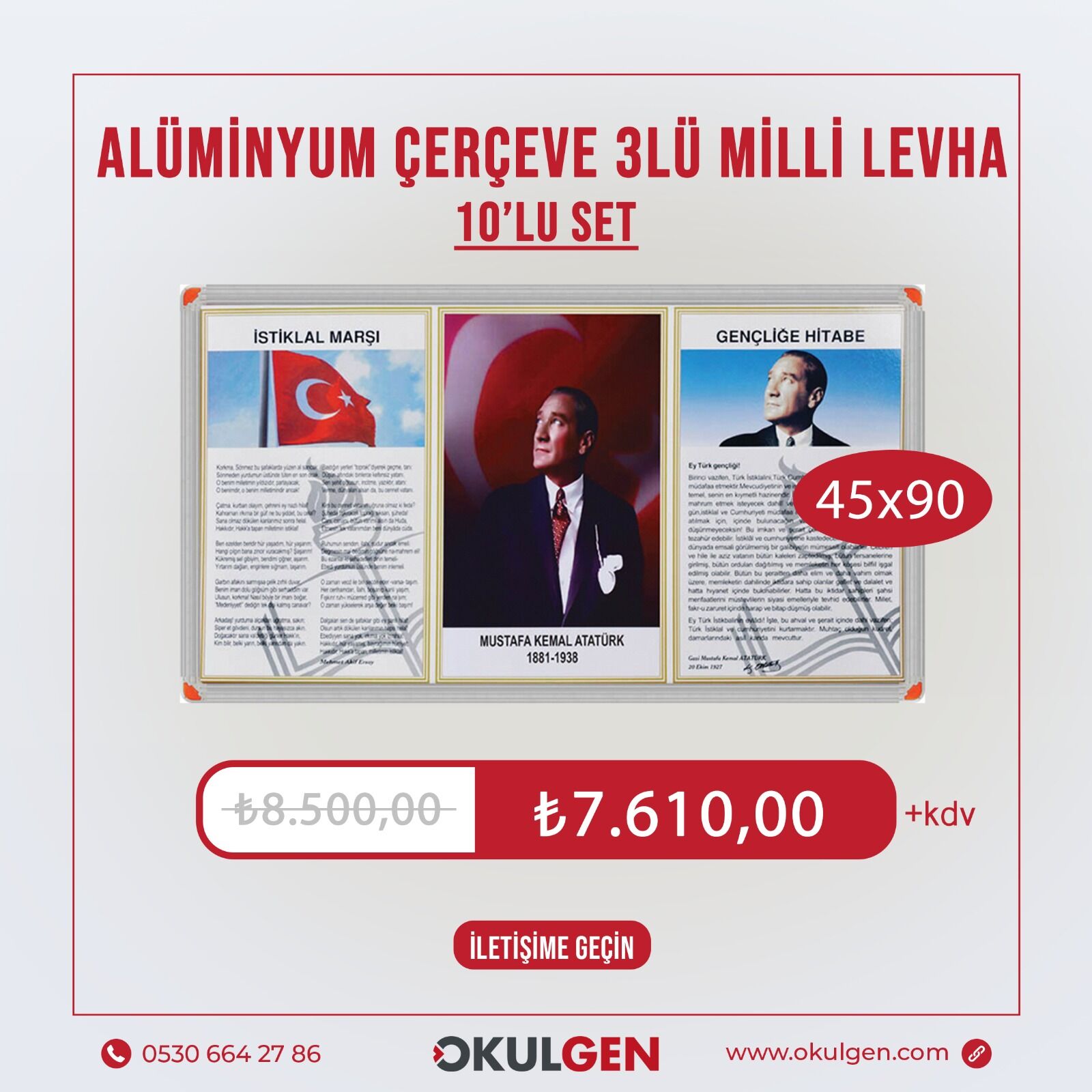 ÜÇLÜ MİLLİ LEVHA (ALÜMİNYUM ÇERÇEVELİ) | 45x90 | 10'LU SET